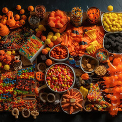 A collection of Halloween-themed candies and treats, including candy corn, gummy worms, and chocolate bats, artfully arranged in a colorful display. 
