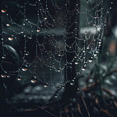 A dark and atmospheric shot of a spiderweb adorned with dewdrops, perfectly illuminated by accent lighting, creating a chilling and mesmerizing effect