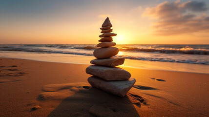 Fototapeta na wymiar Stones pyramid on sand symbolizing zen harmony balance