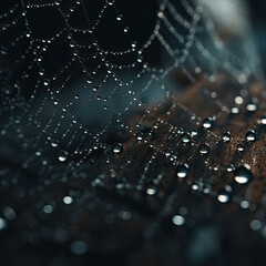 A dark and atmospheric shot of a spiderweb adorned with dewdrops, perfectly illuminated by accent lighting, creating a chilling and mesmerizing effect