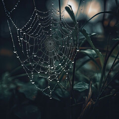 A dark and atmospheric shot of a spiderweb adorned with dewdrops, perfectly illuminated by accent lighting, creating a chilling and mesmerizing effect