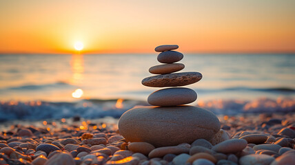 Stones pyramid on sand symbolizing zen  harmony  balance - obrazy, fototapety, plakaty