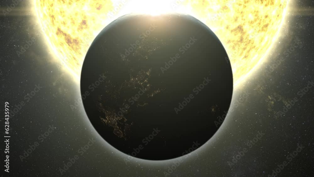 Poster A captivating motion graphic visuals of planet Earth passing the Sun causing an eclipse that partially obscuring the solar brilliance