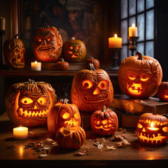 A lineup of carved pumpkins with various expressive faces, illuminated from within by candles, creating a spooky and inviting scene.