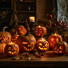 A lineup of carved pumpkins with various expressive faces, illuminated from within by candles, creating a spooky and inviting scene.
