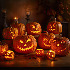 A lineup of carved pumpkins with various expressive faces, illuminated from within by candles, creating a spooky and inviting scene.