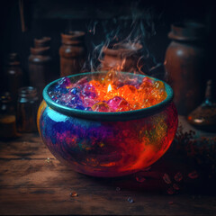 A mesmerizing shot of a witch's cauldron bubbling with colorful potions, perfectly illuminated by accent lighting, evoking a sense of mystery and enchantment. 