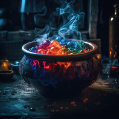A mesmerizing shot of a witch's cauldron bubbling with colorful potions, perfectly illuminated by accent lighting, evoking a sense of mystery and enchantment. 
