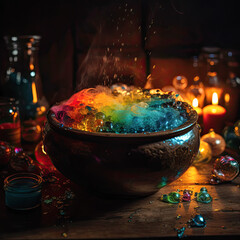 A mesmerizing shot of a witch's cauldron bubbling with colorful potions, perfectly illuminated by accent lighting, evoking a sense of mystery and enchantment. 