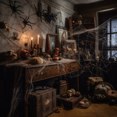 A selection of Halloween decorations and props, such as spider webs, fake cobwebs, and plastic spiders, arranged in a corner to create a haunted look. 