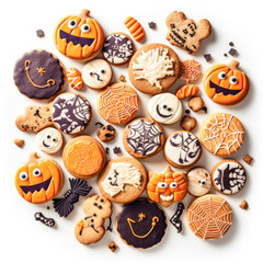 A set of Halloween-themed cookies and treats, cut out and placed on a white background, perfect for festive food photography.
