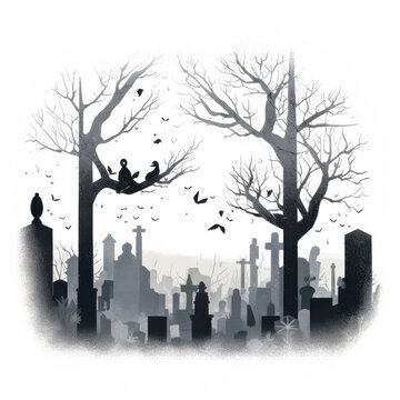 A spooky graveyard scene, featuring tombstones and haunting figures, artfully placed on a white background for a minimalist and eerie effect. 