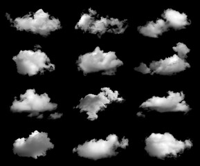 Set of white clouds or fog for design isolated on black background.	
