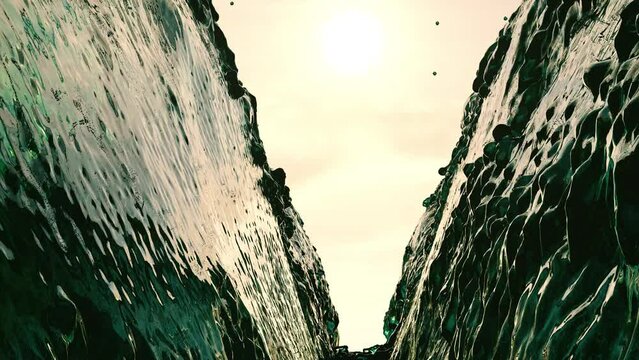 the sea split in two. wave of water split open with the sun in the sky. path in the sea cut in the middle. 3d animation of the sea opening. cinematic of water that opens.