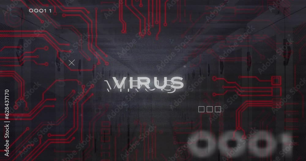 Poster animation of virus text, binary codes and circuit board pattern over server room