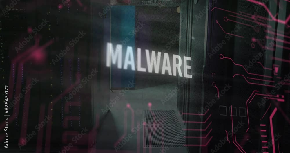 Poster animation of malware text in circuit board pattern over server room in background