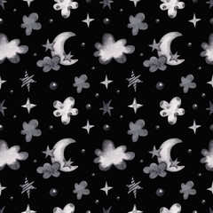 Seamless pattern with moon, clouds and stars on a black background. Watercolor illustration. Print on fabric and paper. Holiday. Halloween. Autumn. Wallpaper. Art. Design. Dreams. Magic. Handmade.