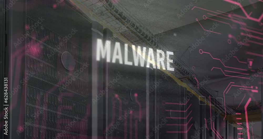 Poster animation of malware text, binary codes and circuit board pattern over server room