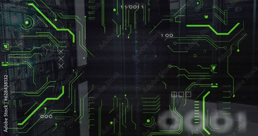 Poster animation of binary codes and circuit board pattern over server room in background