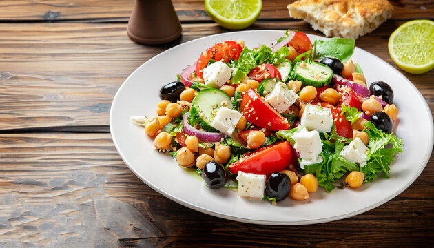 Greek salad with chickpea on wooden background