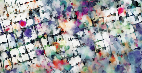 Fototapeta na wymiar illustrazione con ripetizione di struture geometriche irregolari e chiazze di colori ad acqua diffusi su carta
