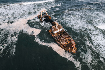 Aerial Drone View of Zeila Shipwreck in Ocean, Skeleton Coast in Namibia,Africa