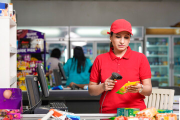 Indian female cashier scanning grocery item at supermarket.