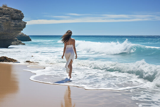Back view of a beautiful woman walking on the beach and the blue sea. Generative AI