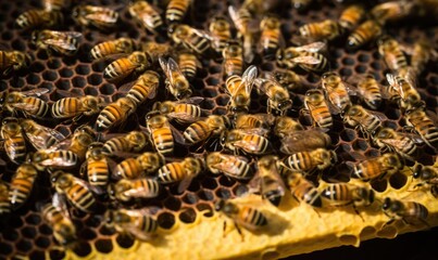 Bees swarm around the honeycomb, a bustling symphony of organized chaos.