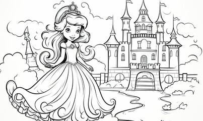 Enhance the line art of the cartoon princess and castle for coloring.