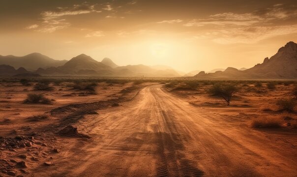 Breathtaking sunset colors paint the desert landscape with an endless road.