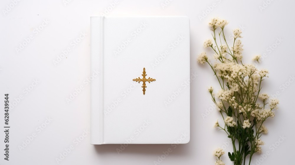 Canvas Prints A white bible on a white wooden table with  flowers. Christian Mockup, background for publications, presentations, advertisements, quotes - Canvas Prints