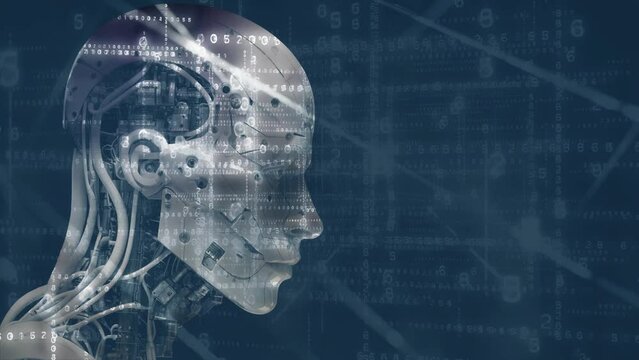 AI Mind.  
Robot head filled with a 3d matrix of changing numbers. Loops.