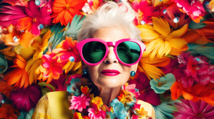 Amid Berlin's heartbeat, an elder hipster fashion woman flourishes. Her vibrant attire mirrors her spirit, large sunglasses , a tribute to unique individuality and confidence. Vibrant. Generative AI