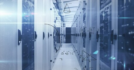 Animation of mathematical equations and diagrams over bars on server racks in server room - Powered by Adobe