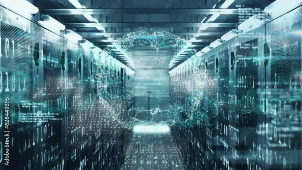 Wall mural animation of digital brain, computer language and binary codes over server room