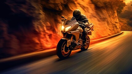 Generative AI, Motorcycle rider on street riding, sunset sky, having fun driving the empty highway on a motorcycle tour journey