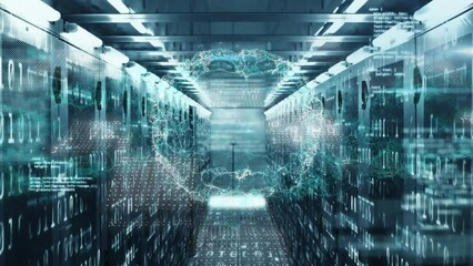 Animation of digital brain, computer language and binary codes over server room - Powered by Adobe