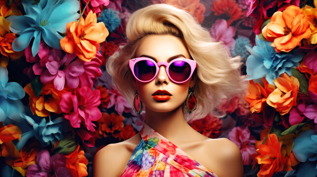 In tropical hues, a stylish young woman dons enormous sunglasses, her look imbued with undeniable summer vibes and daring fashion spirit. Generative AI