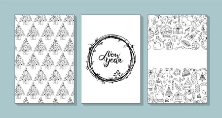 Collection of vector Christmas cards. Greeting board with hand drawn Christmas symbol and pattern. Includes holiday doodle lettering.