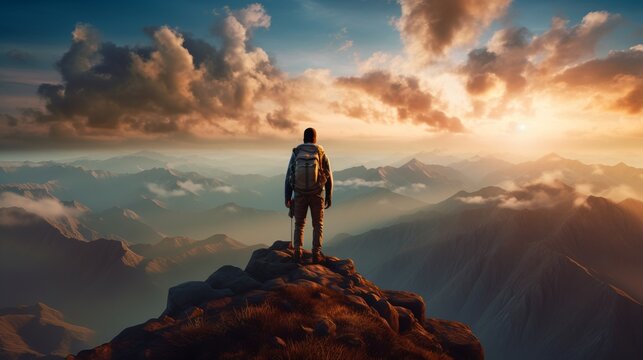 Portrait of a lone hiker on a mountain peak during golden hour. AI Generative