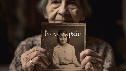Never again - Holocaust Memorial. Old Survivor Woman showing a photo of her mother. AI Generative - obrazy, fototapety, plakaty