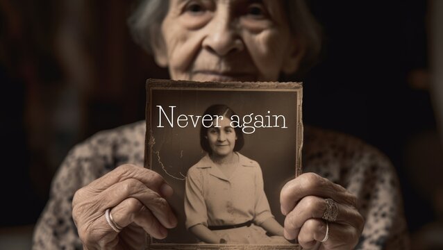 Never again - Holocaust Memorial. Old Survivor Woman showing a photo of her mother. AI Generative