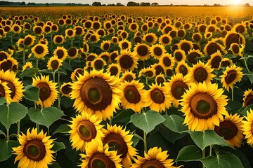 A sunflower field basking in the golden rays of the sun