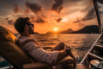 Successful man leisurely relaxing on a luxury yacht against a beautiful sunset backdrop, embodying the idea of wealth and financial freedom