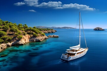 Fototapeta na wymiar Panoramic view of a luxury yacht confidently sailing in the sparkling Mediterranean Sea, symbolizing wealth and the joys of affluent living