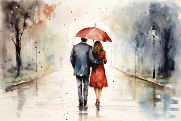 Couple walking in the rain holding hands, watercolor. AI generation