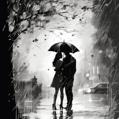 Couple in love, in the park in the rain, black and white, watercolor