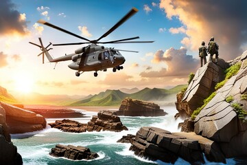 Fototapeta na wymiar Military helicopter flying in sky over sea during military operation Navy helicopter flying in warzone, AI Generated