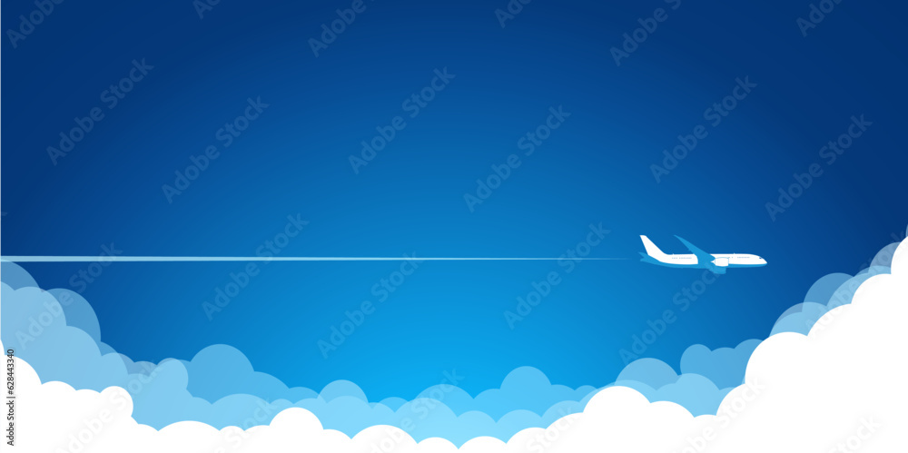 Wall mural white plane in the blue sky flying above the clouds. vector background template for web page header